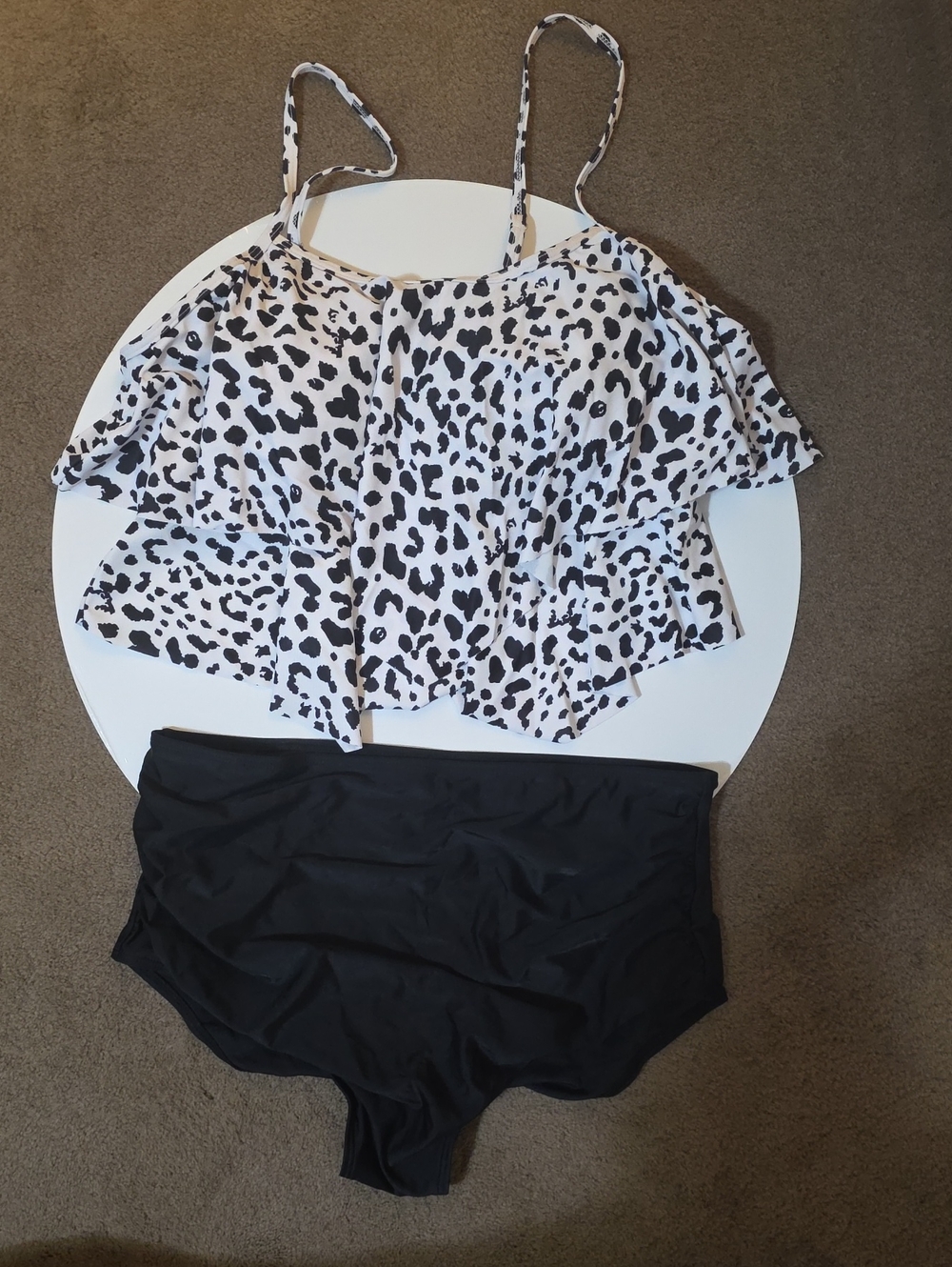 Black & White Leopard Print Flowy Tankini Top with Black High Waisted Bottoms